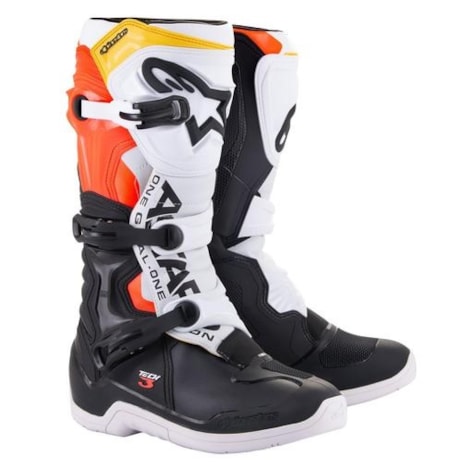 Bota Alpinestars Tech 3 - Preto Branco Vermelho Flúor Amarelo