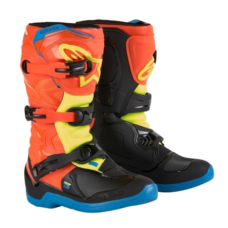 Bota Alpinestars Tech 3S - Laranja Flúor Azul Amarelo Flúor