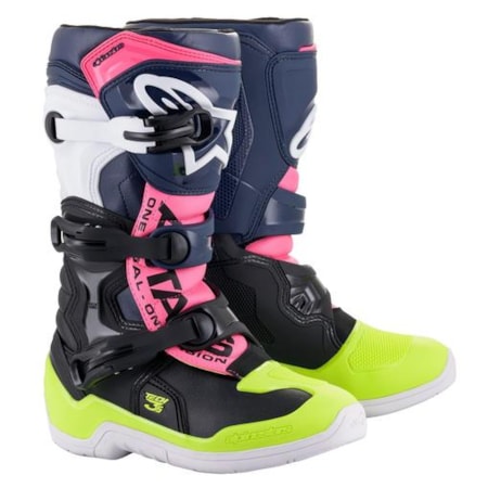 Bota Alpinestars Tech 3S - Preto Azul Rosa Flúor