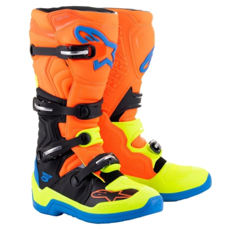 Bota Alpinestars Tech 5 - Laranja Flúor Azul Amarelo Flúor